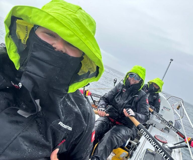 Rowing in the rain in full wet weather gear