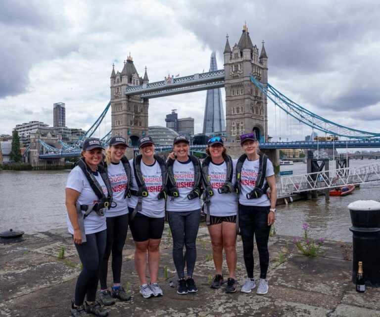 Team Ithaca on dry land after rowing around Great Britain