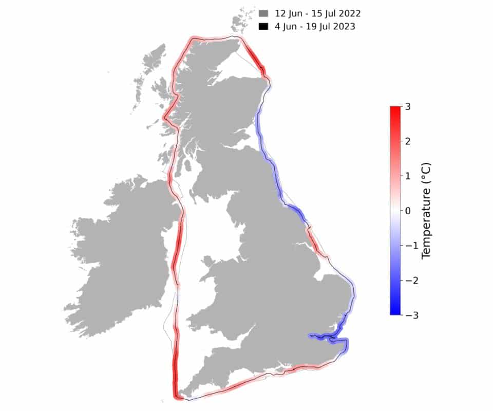 A map of Great Britain showing sea surface temperature differences
